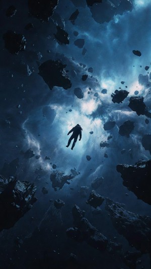 Lone astronaut navigating a vast blue asteroid field