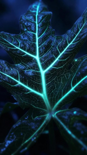 Luminous cyan leaf veins in a twilight forest